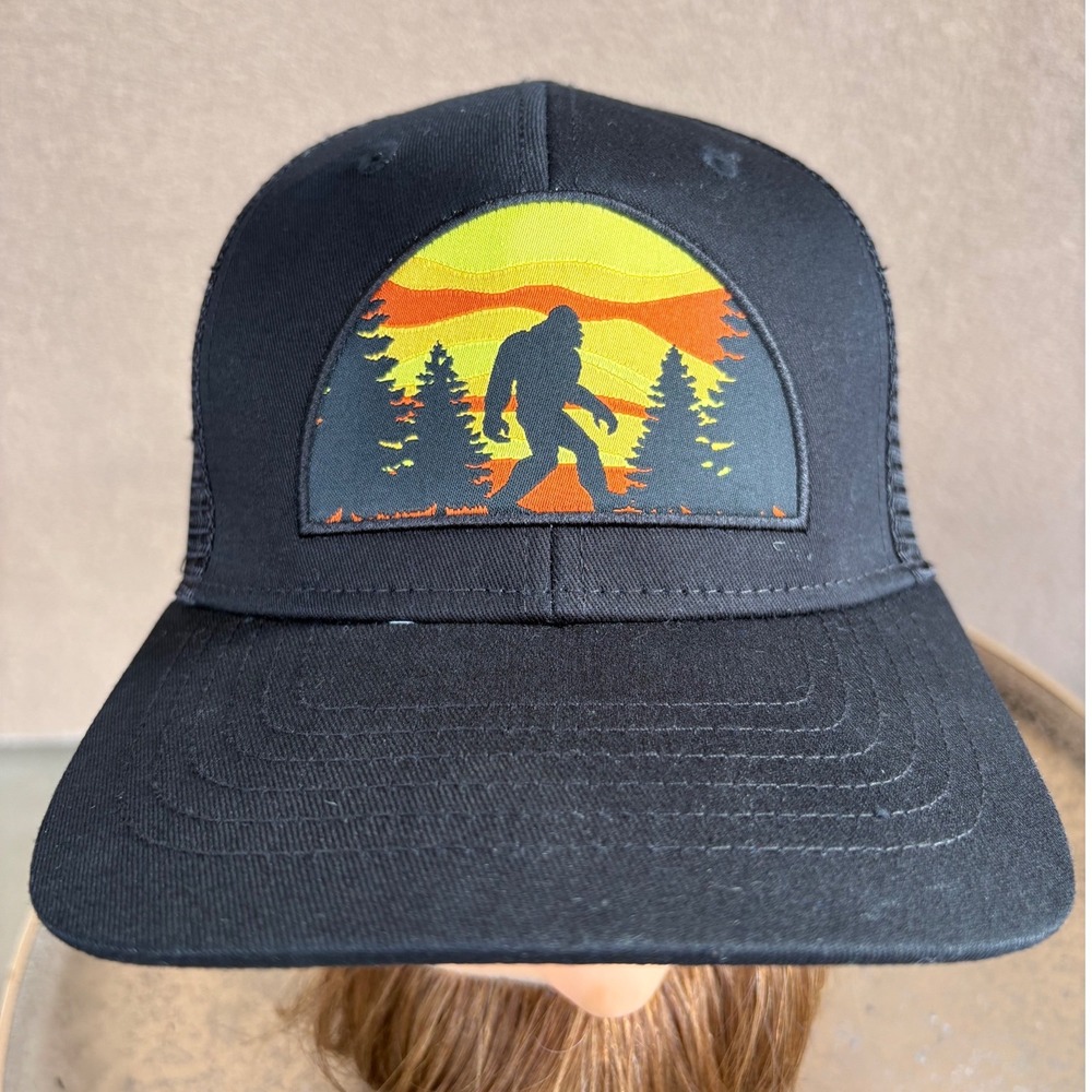 George Mens Bigfoot Sasquatch Trucker Hat Black Sunset Forest Patch Snapback - Picture 2 of 8